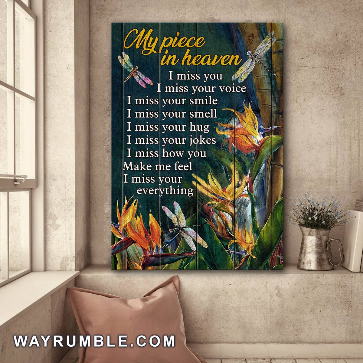 Dragonfly and flower, I miss your everything - Heaven Portrait Canvas Prints, Wall Art