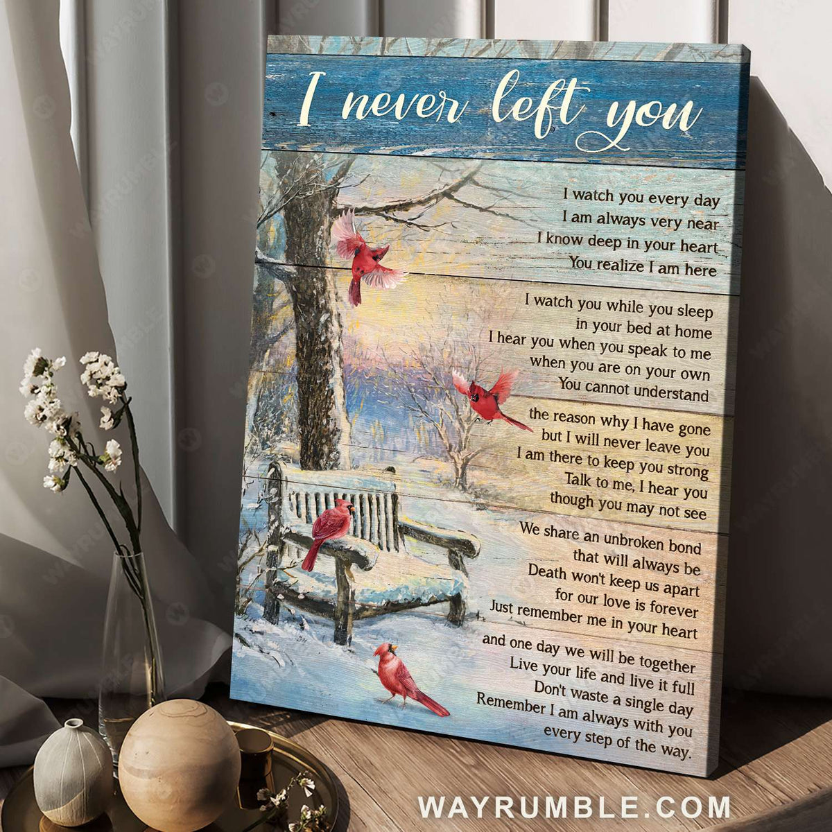 Northern cardinal, Winter forest, White snow, I never left you - Heaven Portrait Canvas Prints, Wall Art