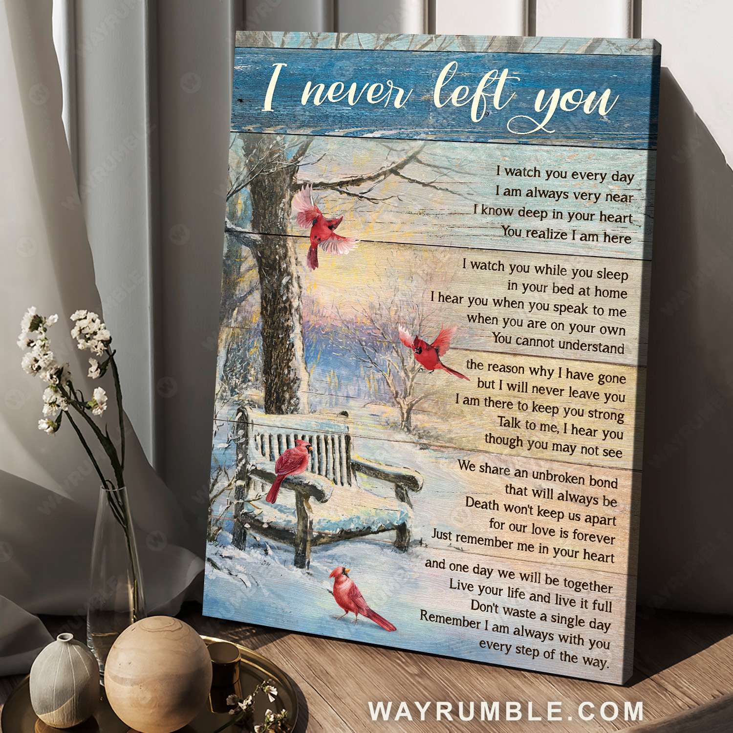 Northern cardinal, Winter forest, White snow, I never left you - Heaven Portrait Canvas Prints, Wall Art