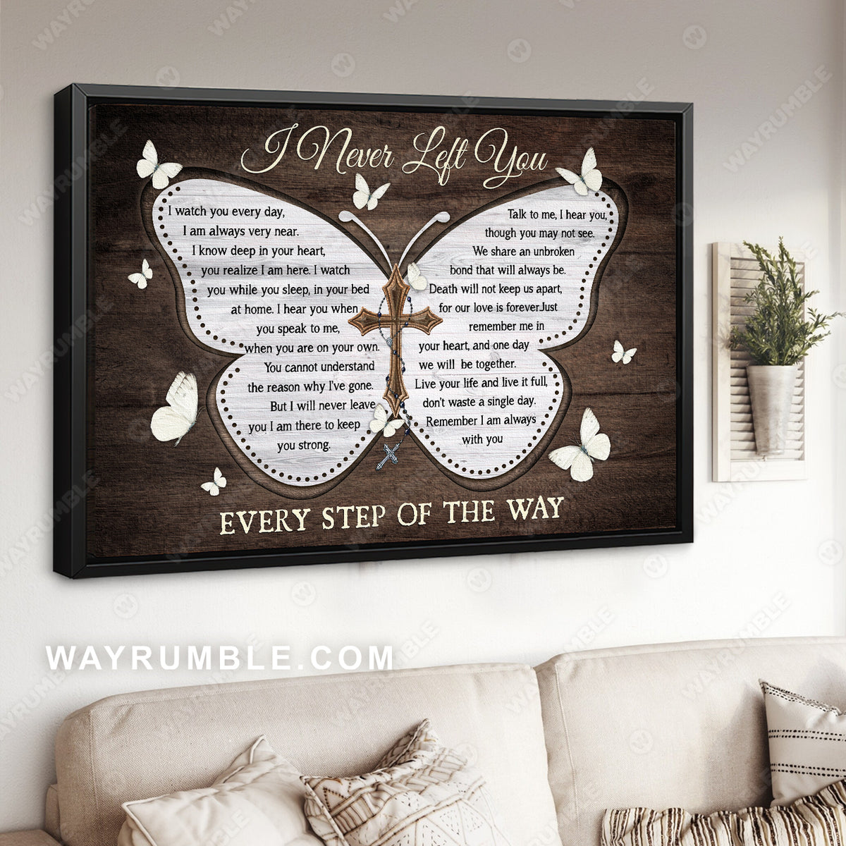White butterfly, Wooden background, The holy cross, I never left you - Heaven Landscape Canvas Prints, Wall Art