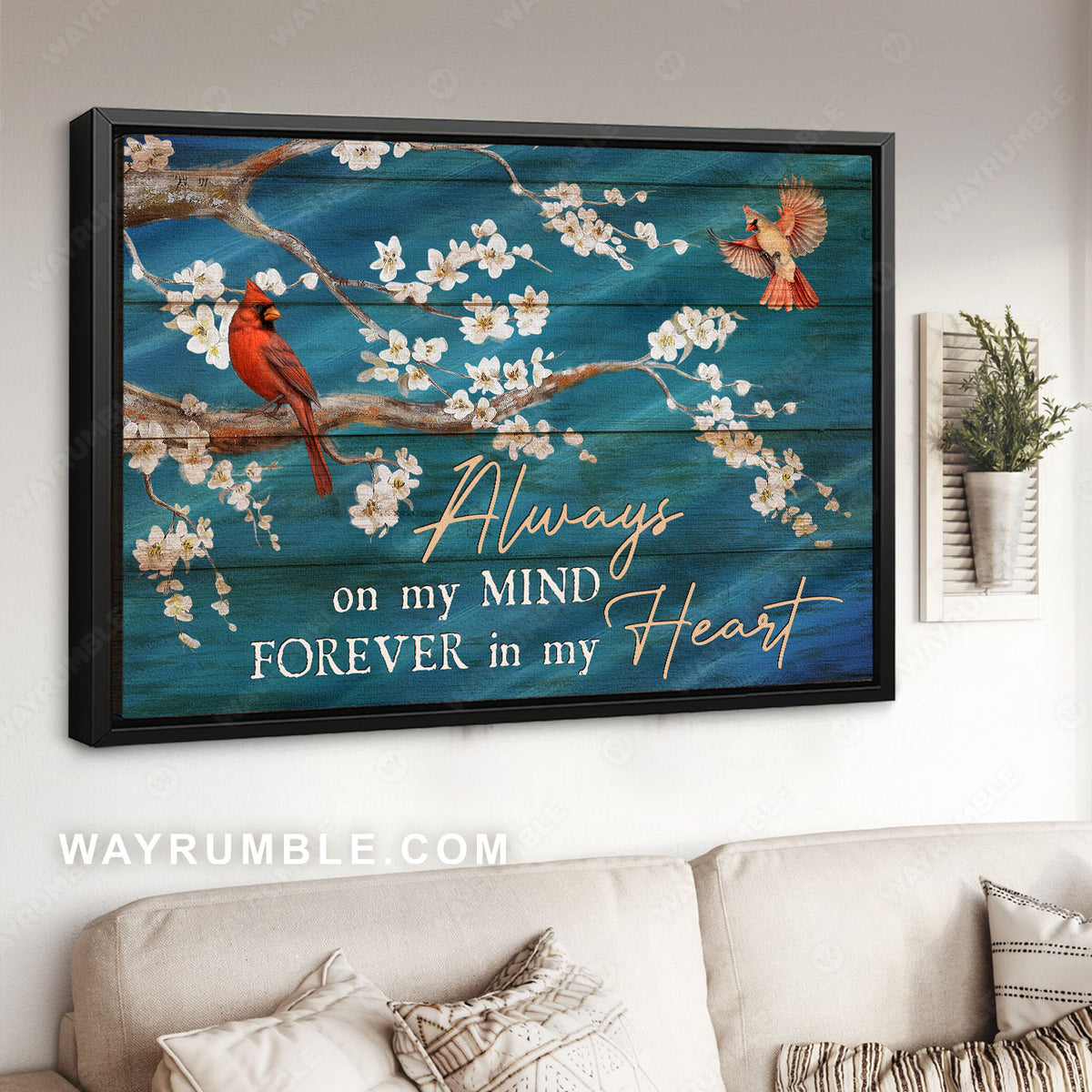 Peach blossom, Red cardinals, Branch tree, Always on mind forever in heart- Heaven Landscape Canvas Prints, Wall Art