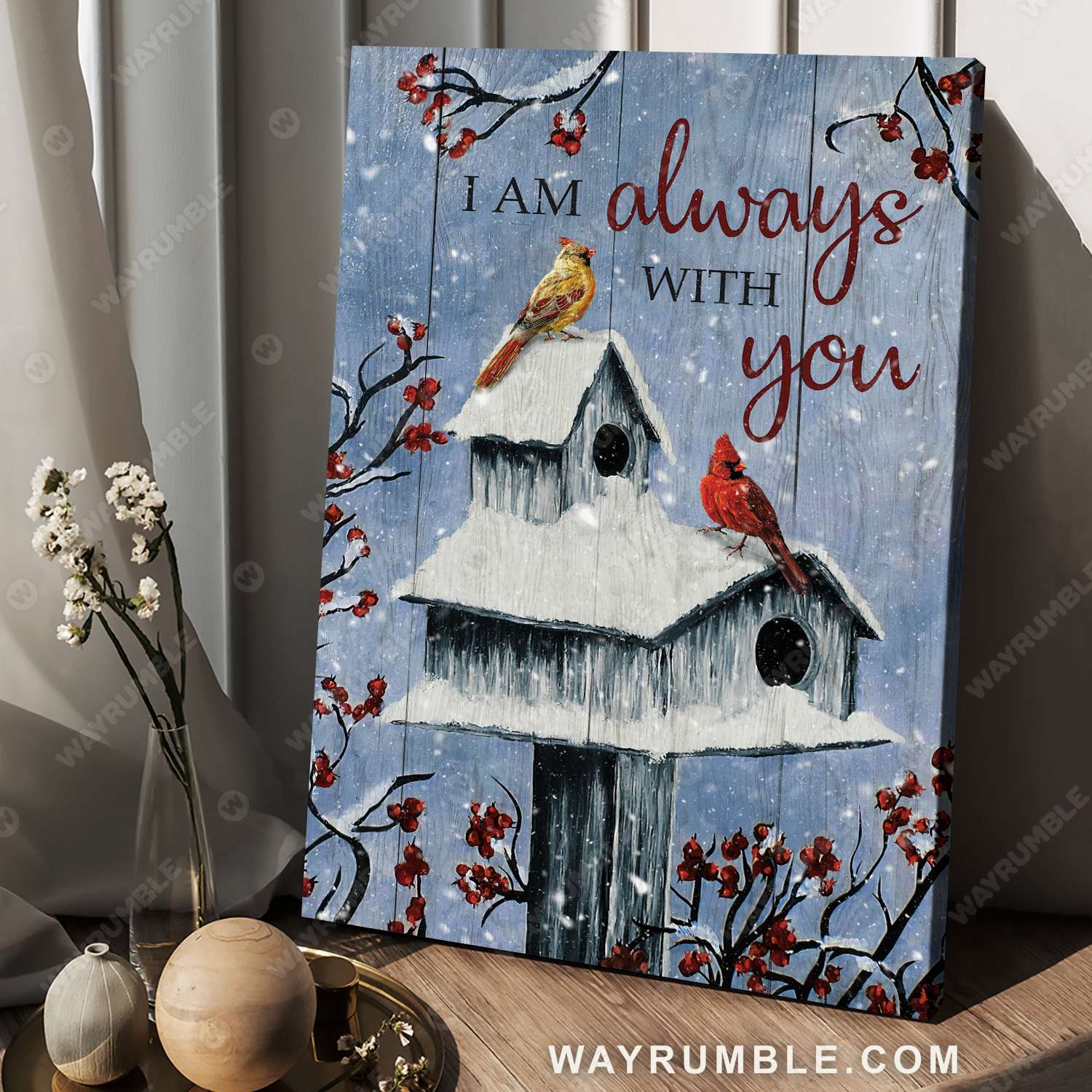 Cardinal painting, Winter forest, Cranberry tree, I am always with you - Heaven Portrait Canvas Prints, Wall Art