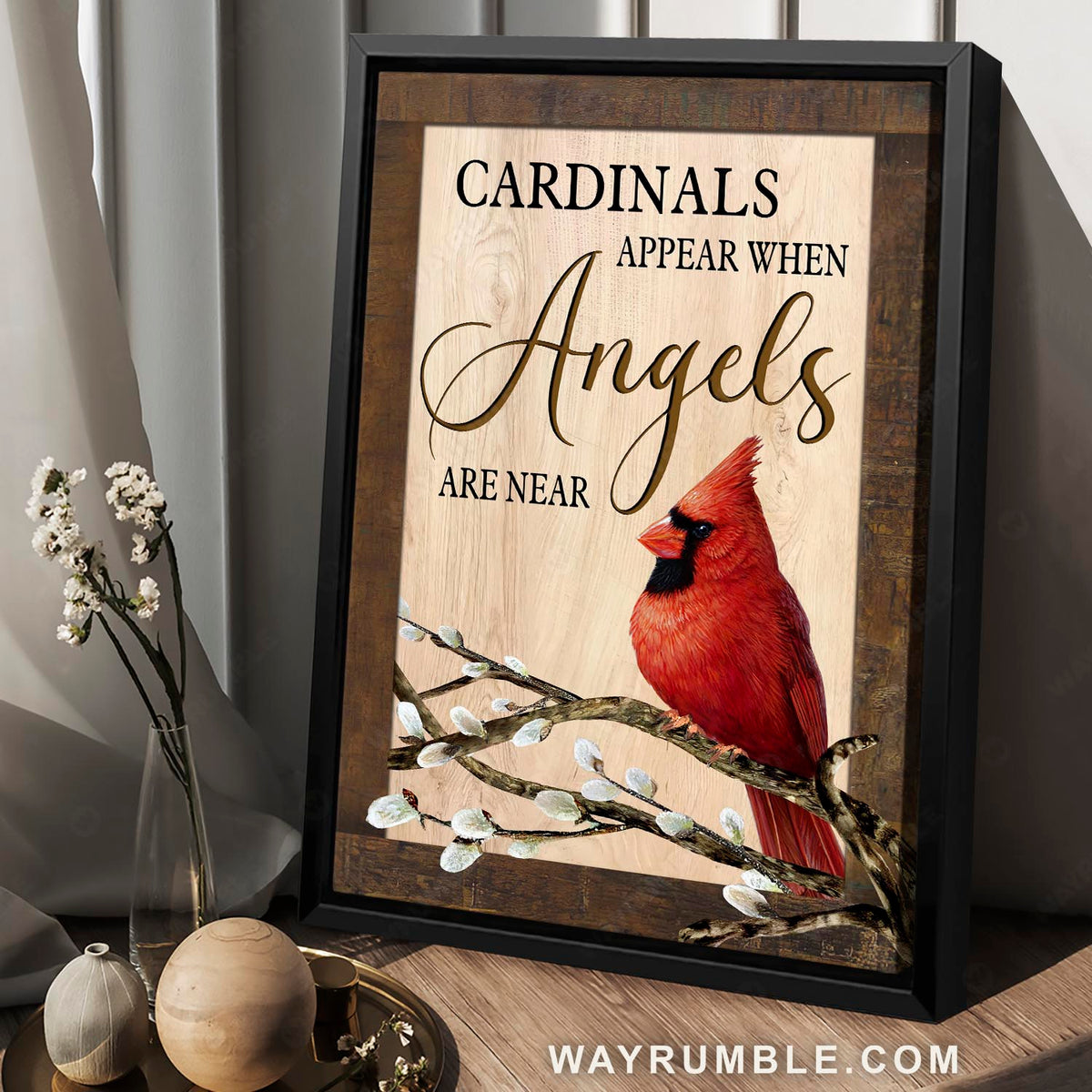 Red cardinal, Flower buds, Tree branch, Angels are near - Heaven Portrait Canvas Prints, Wall Art