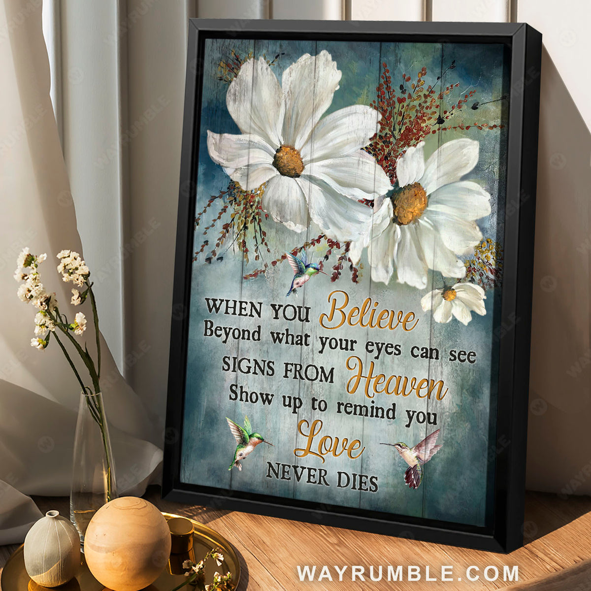 White daisy flower, Hummingbird, Love never dies - Heaven Portrait Canvas Prints, Wall Art