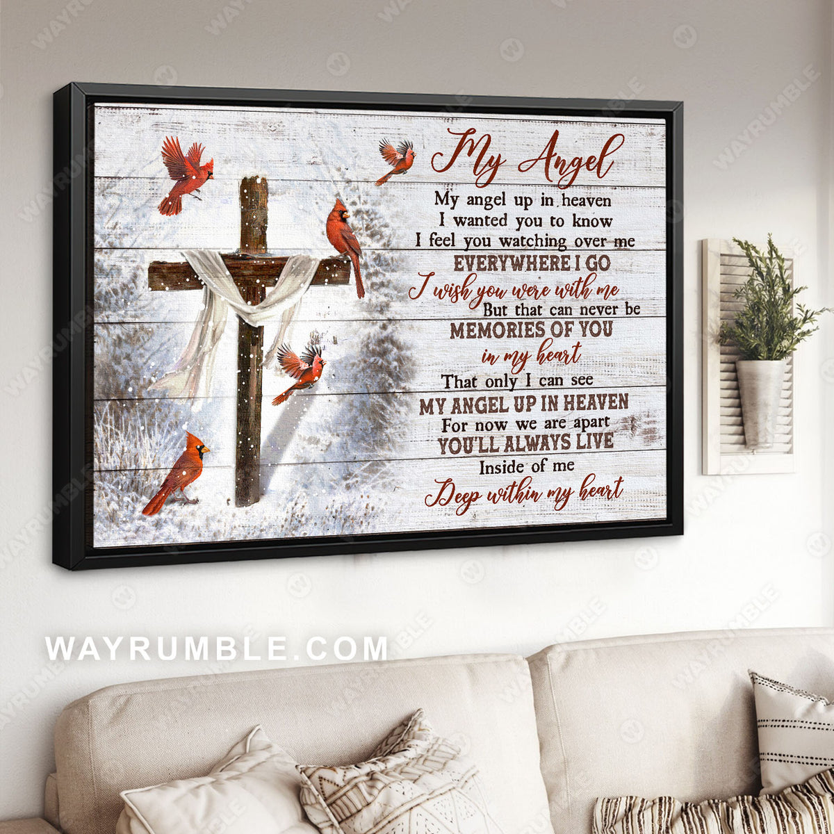 Northern cardinal, Cross symbol, Winter forest, My angel up in heaven - Heaven Landscape Canvas Prints, Wall Art