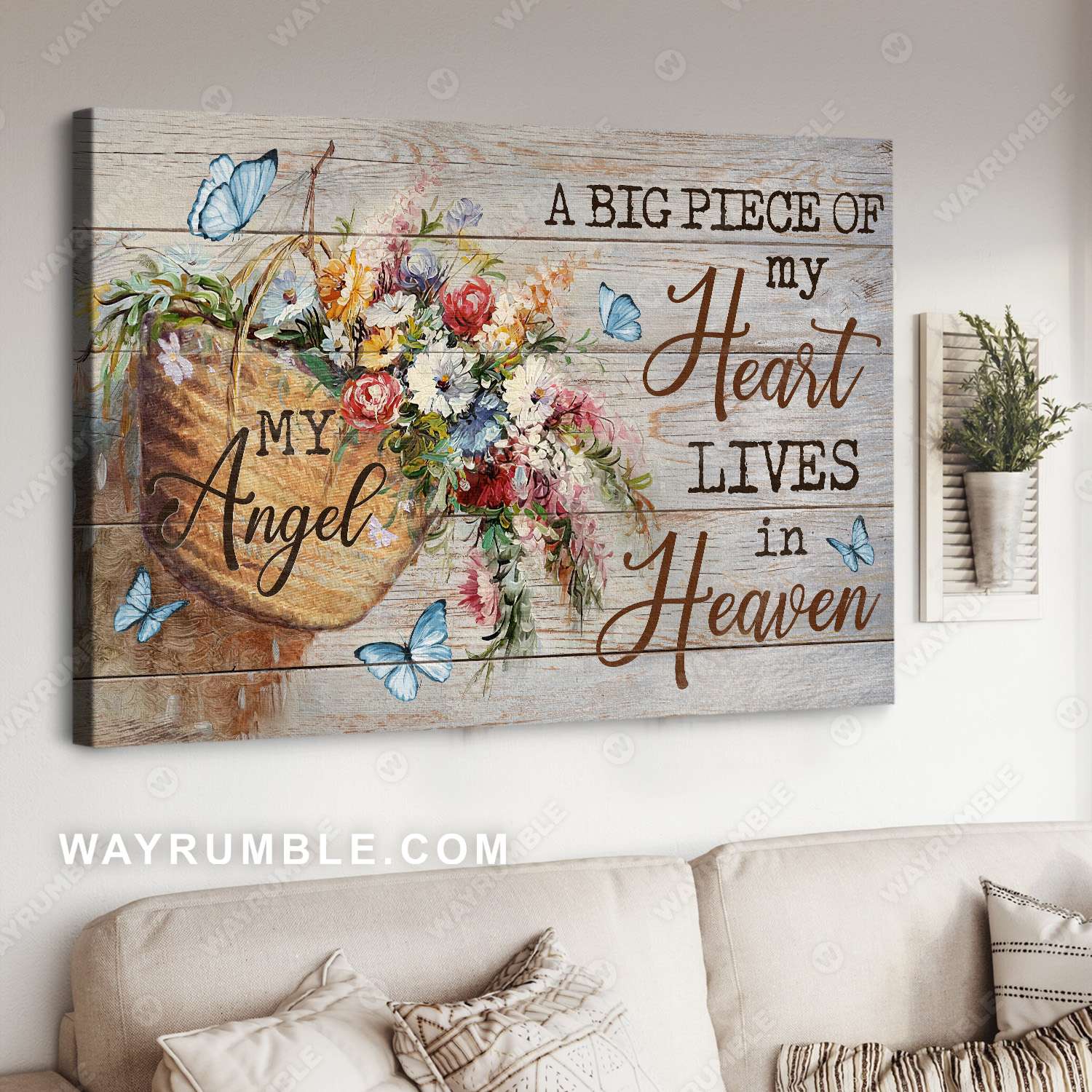 Wild flower basket, Vintage painting, Butterfly, A big piece of my heart lives in heaven - Heaven Landscape Canvas Prints, Wall Art