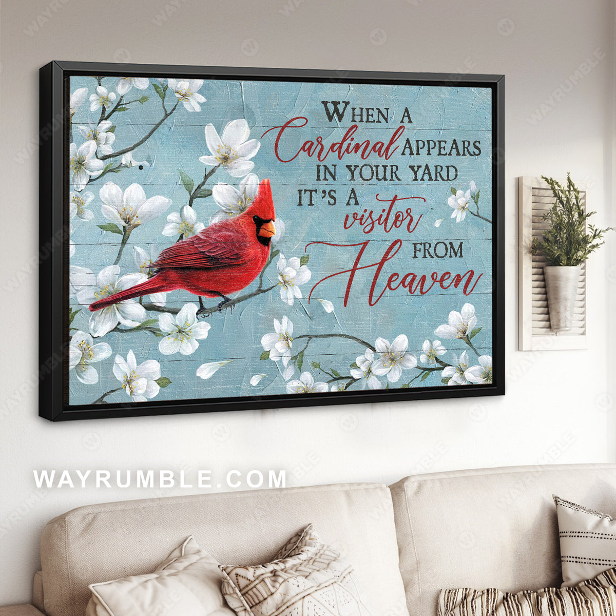 Red cardinal, White cherry blossom, Light blue background, It's a visitor from heaven - Heaven Landscape Canvas Prints, Wall Art