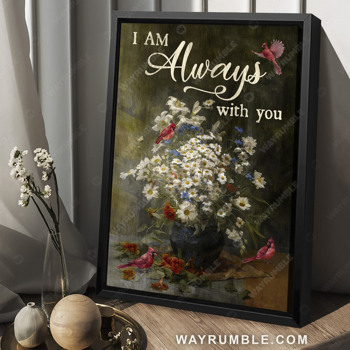 Still life painting, White daisy, Cardinal drawing, I am always with you - Heaven Portrait Canvas Prints, Wall Art