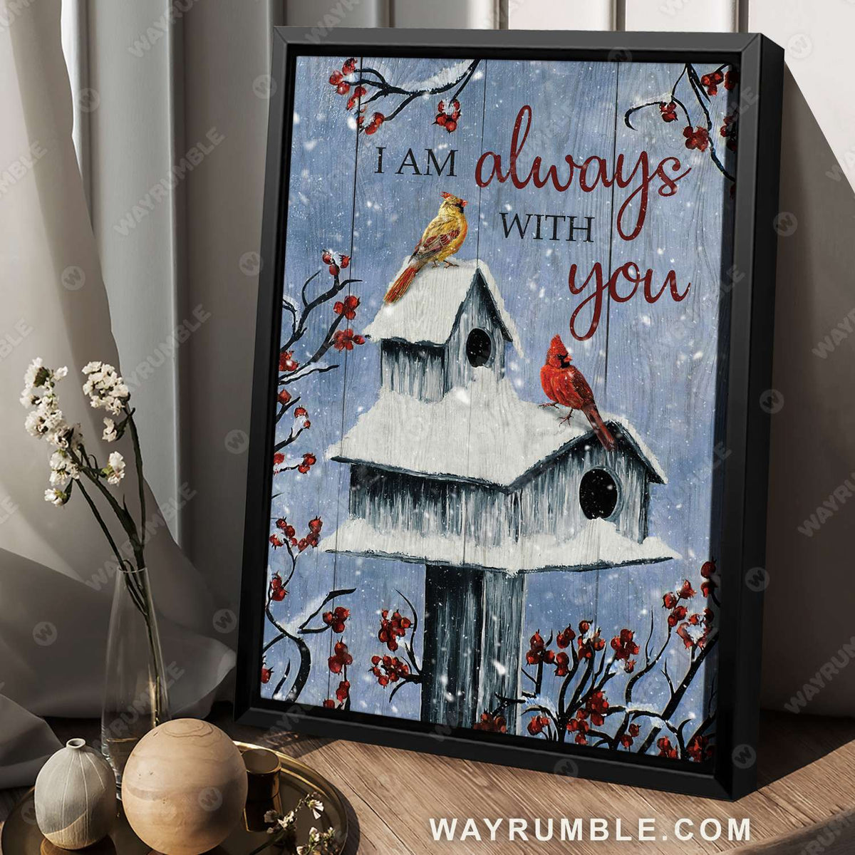 Cardinal painting, Winter forest, Cranberry tree, I am always with you - Heaven Portrait Canvas Prints, Wall Art