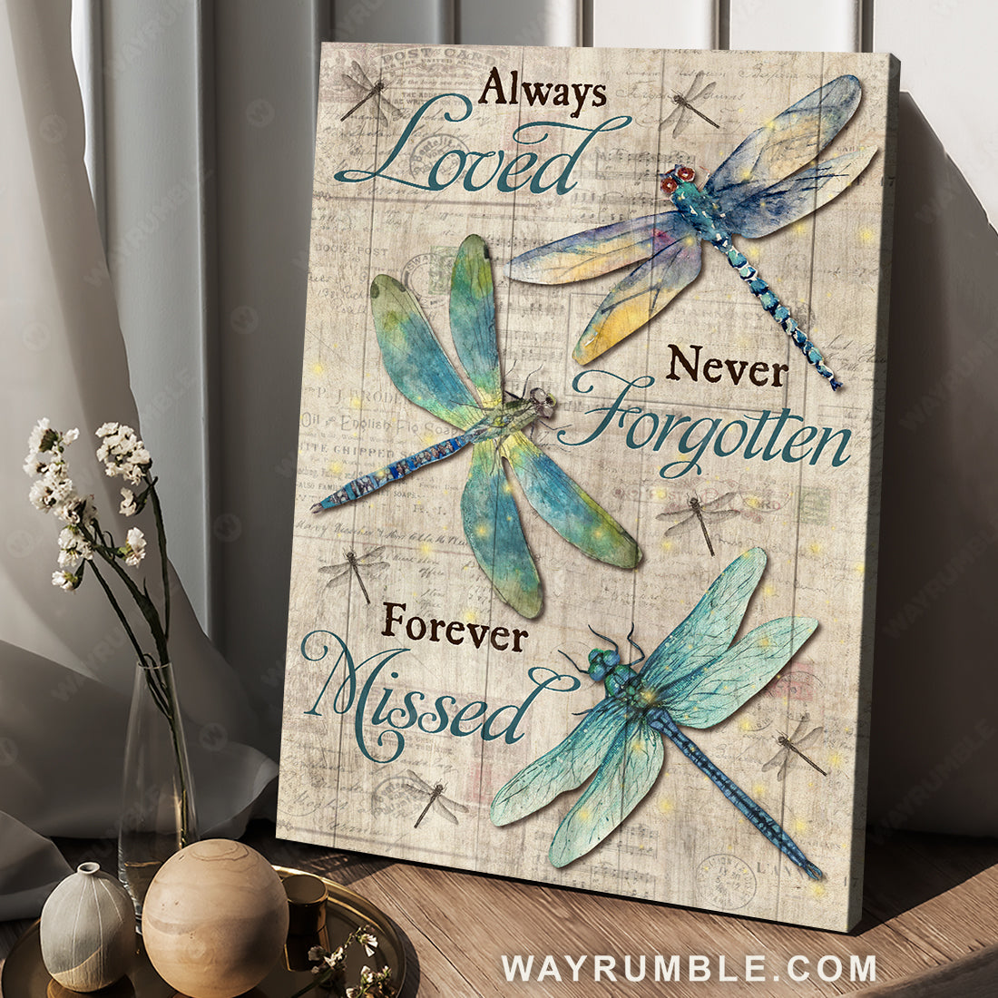 Pretty dragonfly drawing, Always loved, Never forgotten, Forever missed - Heaven Portrait Canvas Prints, Christian Wall Art
