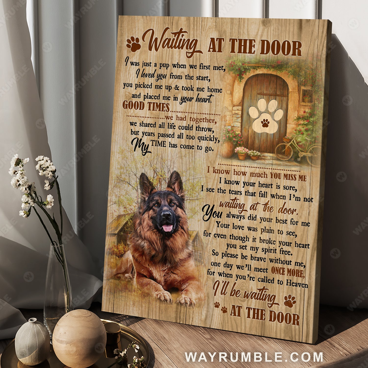 German shepherd painting, Vintage door, Flower garden, Waiting at the door - Heaven Portrait Canvas Prints, Wall Art