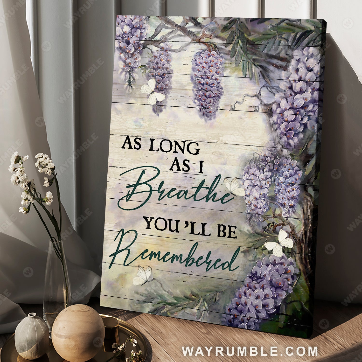 Wisteria, Purple flower, White butterfly, As long as I breathe, You'll be remembered - Heaven Portrait Canvas Prints, Wall Art