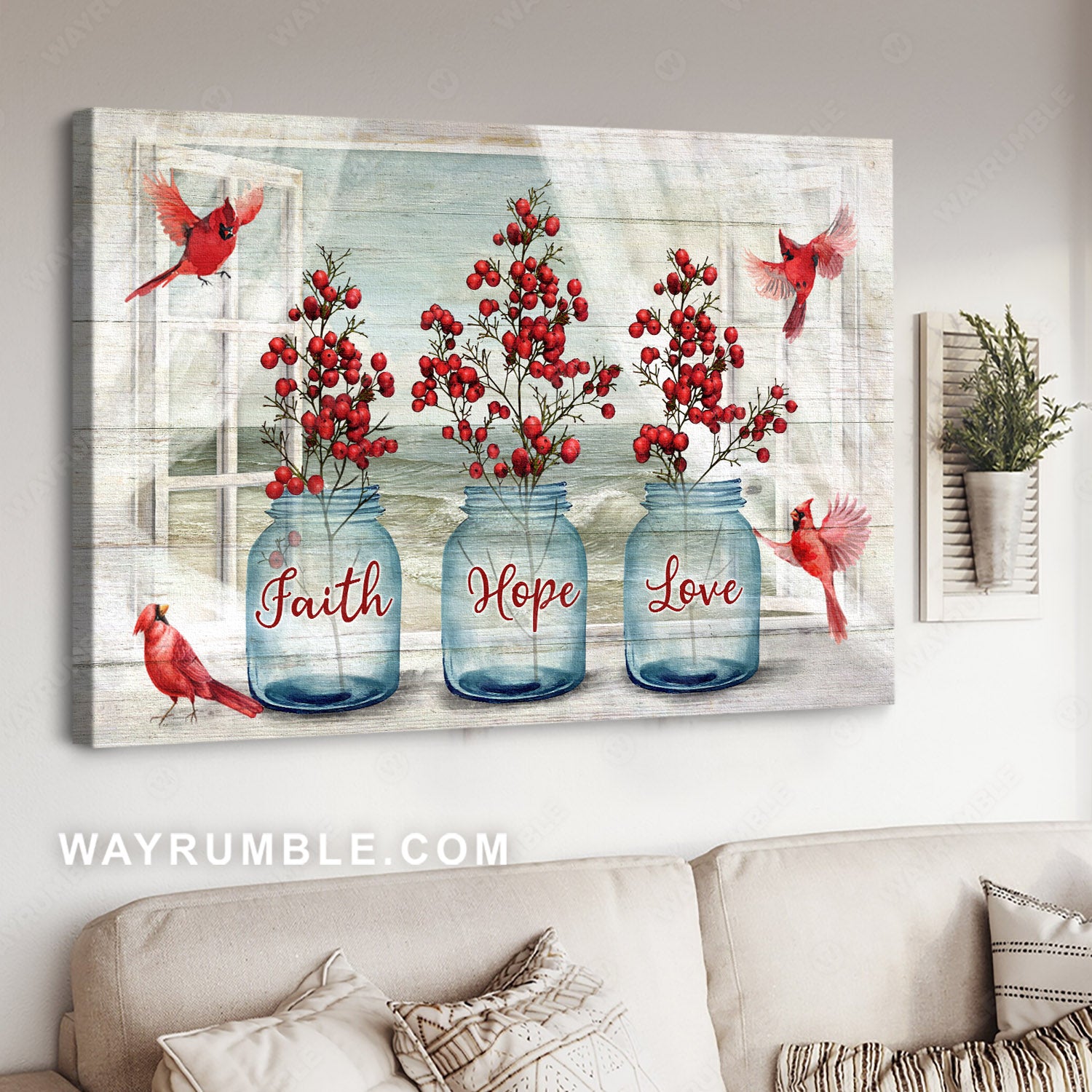 Northern cardinal, Cranberry, Mason jar, Faith, Hope, Love, Window view - Heaven Landscape Canvas Prints, Wall Art
