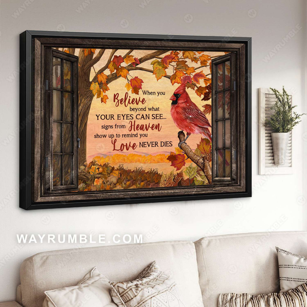 Northern cardinal, Red maple leaf, Tree branch, Window frame, Love never dies - Heaven Landscape Canvas Prints, Wall Art
