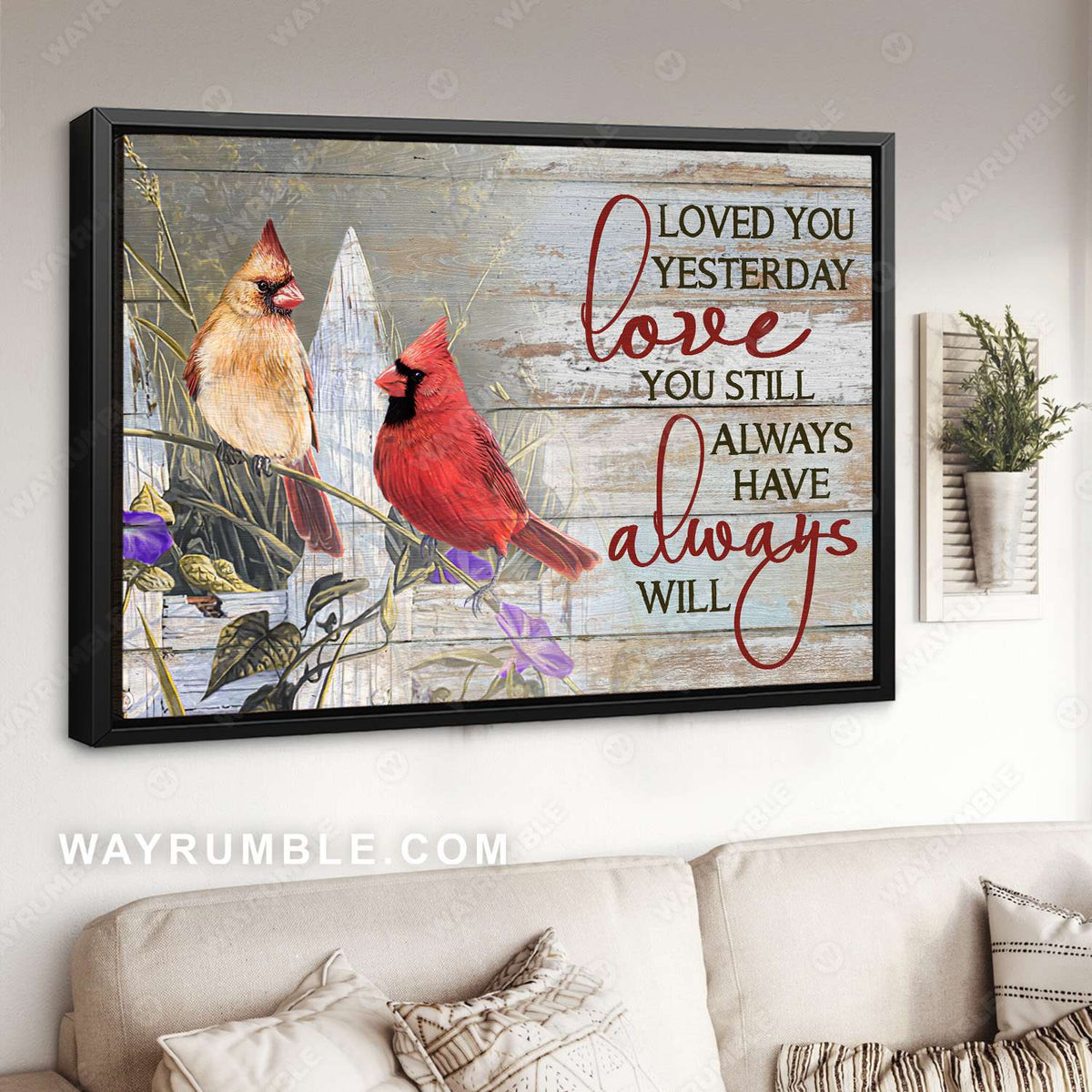 Northern cardinal, Garden fence, Purple flower, Always have, Always will - Family Landscape Canvas Prints, Wall Art