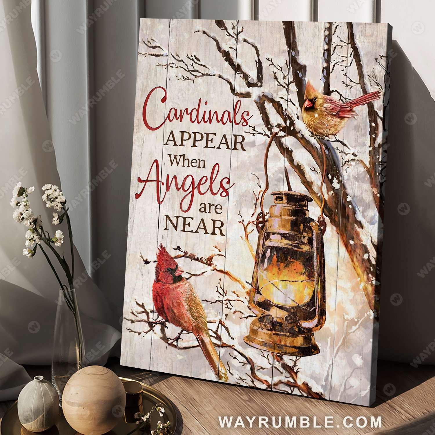 Cardinal painting, Vintage lantern, Winter tree, Cardinals appear when angels are near - Heaven Portrait Canvas Prints, Wall Art