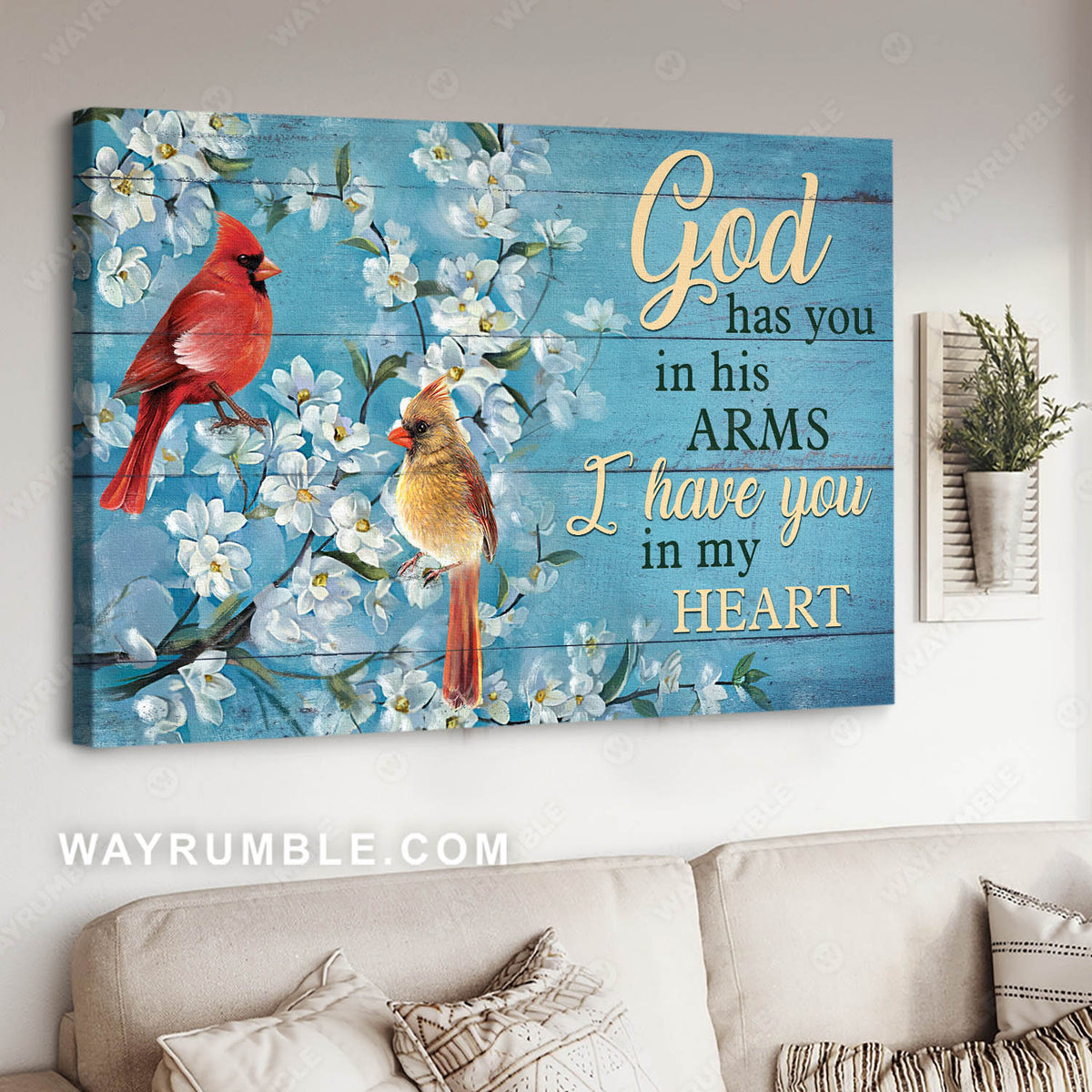 Cardinal couple, Jasmine painting, Blue background, Vintage painting, I have you in my heart - Heaven Landscape Canvas Prints, Wall Art