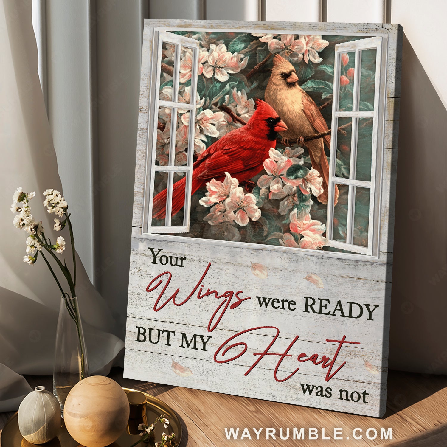 Cardinals drawing, Peach blossoms, Your wings were ready - Heaven Portrait Canvas Prints, Wall Art