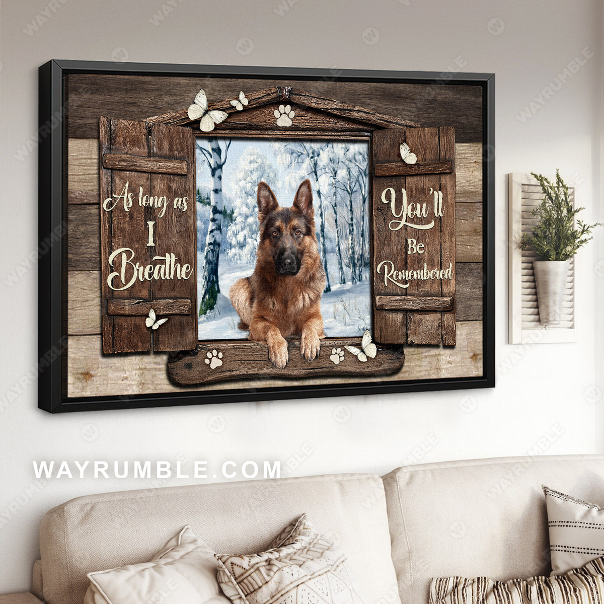 Brown German shepherd, Wooden window, Butterfly, As long as I breathe - Heaven Landscape Canvas Prints, Wall Art