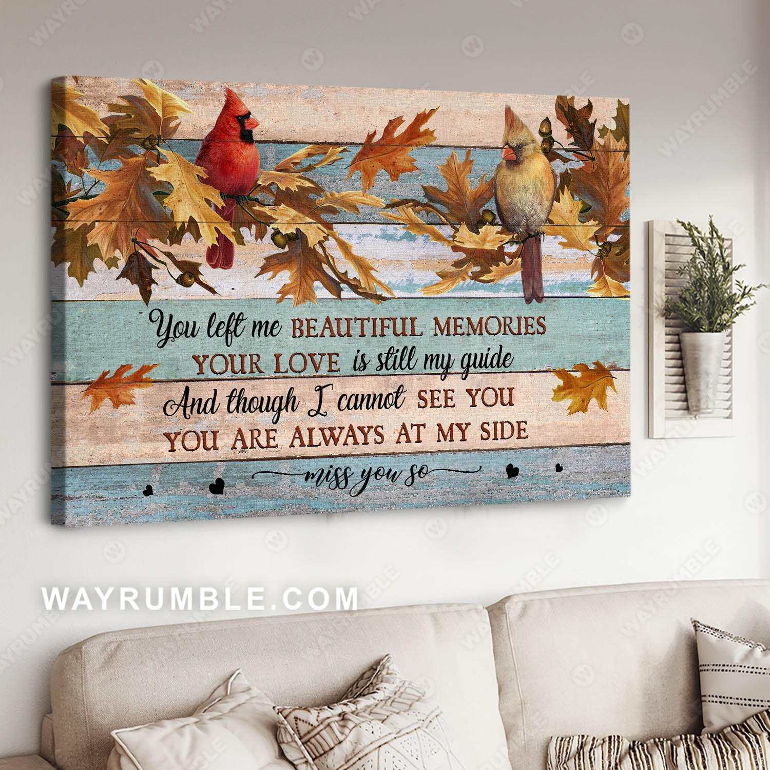 Cardinal couple, Autumn tree, Red leaves, You are always at my side - Heaven Landscape Canvas Prints, Wall Art