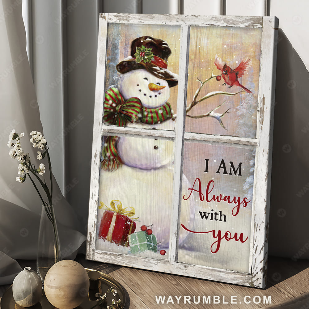 Happy snowman, Cardinal drawing, Christmas gift, I am always with you - Heaven Portrait Canvas Prints, Wall Art
