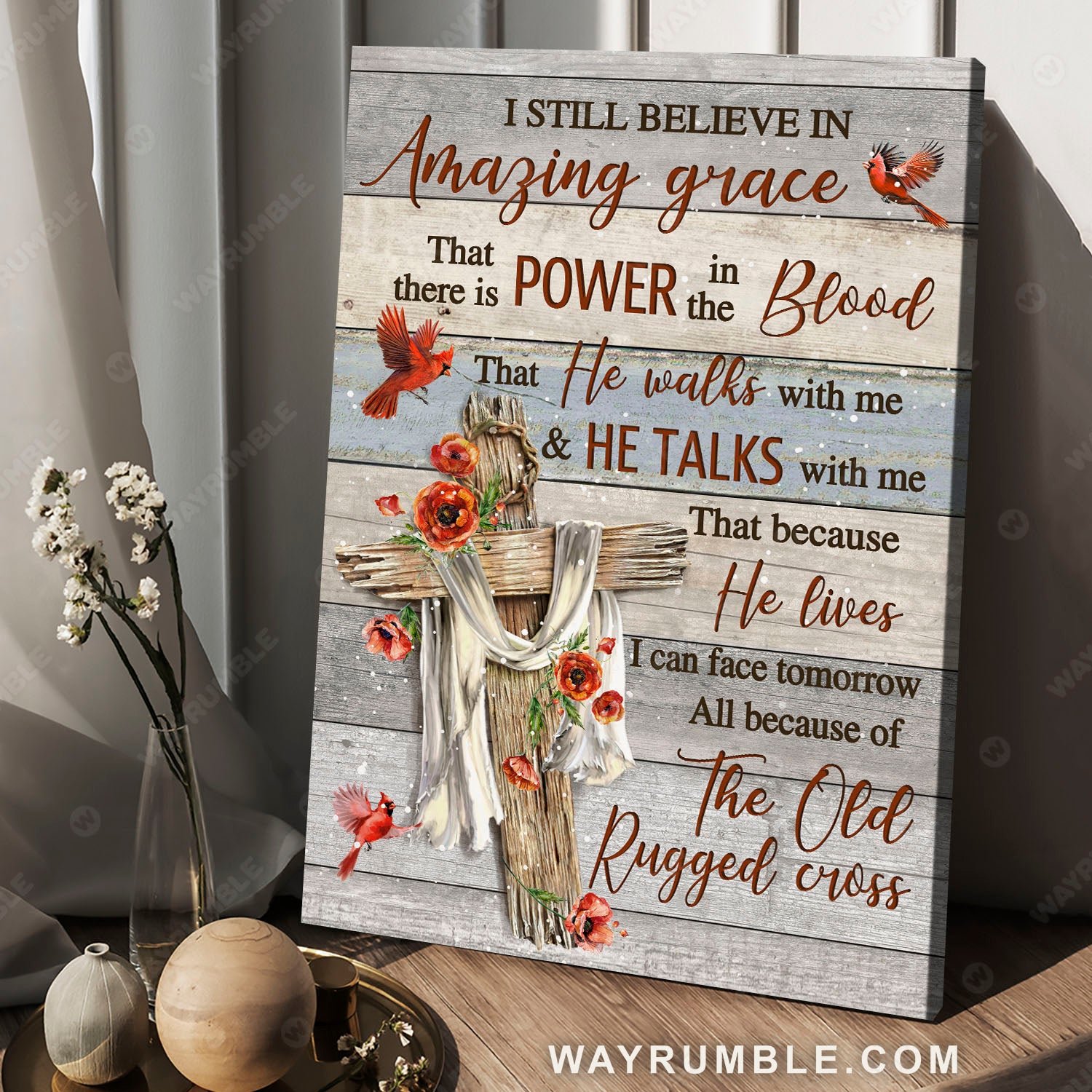 Northern cardinal, Cross symbol, Red poppy, I still believe in Amazing Grace - Heaven Portrait Canvas Prints, Wall Art