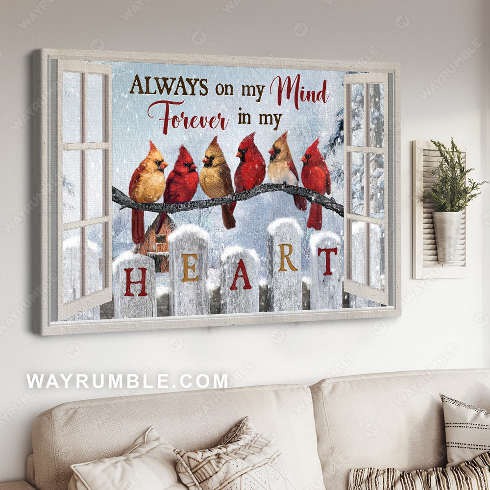 Cardinal drawing, White snow, Winter painting, Always on my mind - Heaven Landscape Canvas Prints, Wall Art