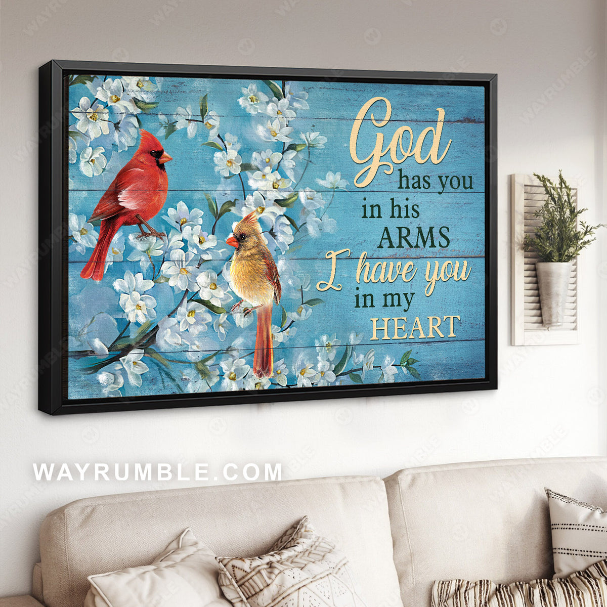 Cardinal couple, Jasmine painting, Blue background, Vintage painting, I have you in my heart - Heaven Landscape Canvas Prints, Wall Art