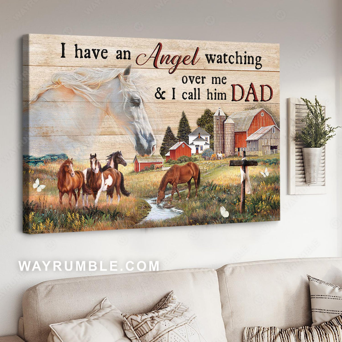 Horse farm, White horse, Grassland painting, I have an angel watching - Heaven Landscape Canvas Prints, Wall Art