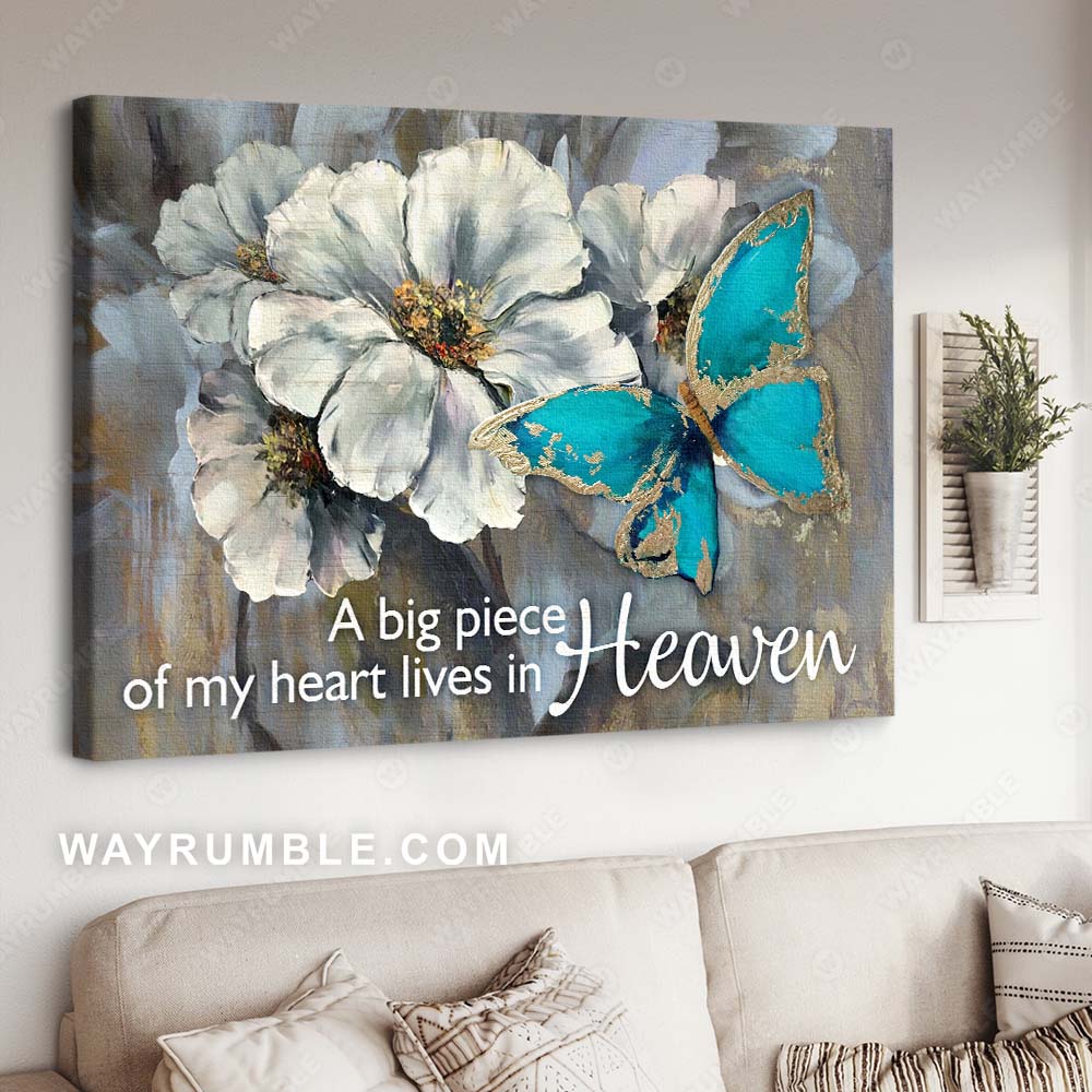 Pretty flower drawing, Blue butterfly, A big piece of my heart lives in heaven - Heaven Landscape Canvas Prints, Wall Art