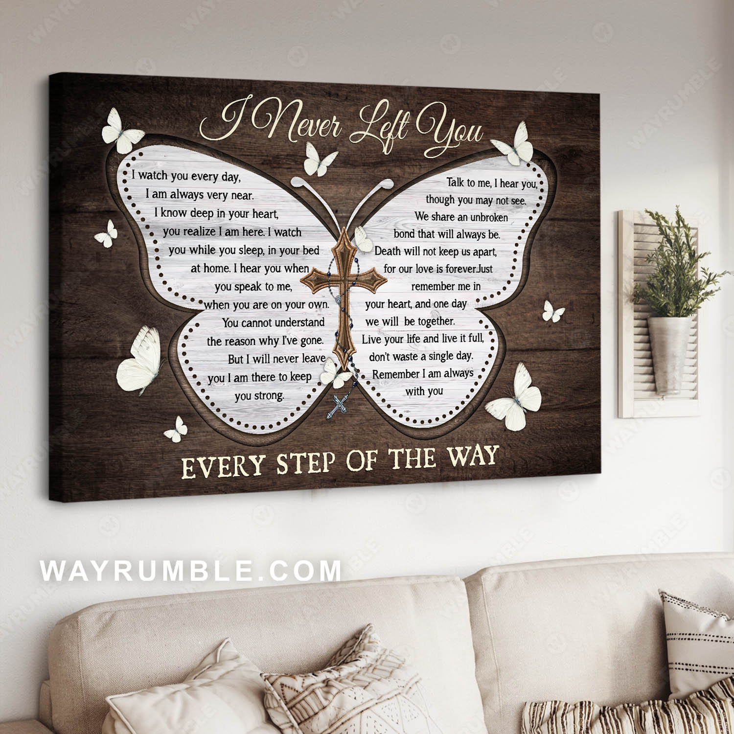 White butterfly, Wooden background, The holy cross, I never left you - Heaven Landscape Canvas Prints, Wall Art