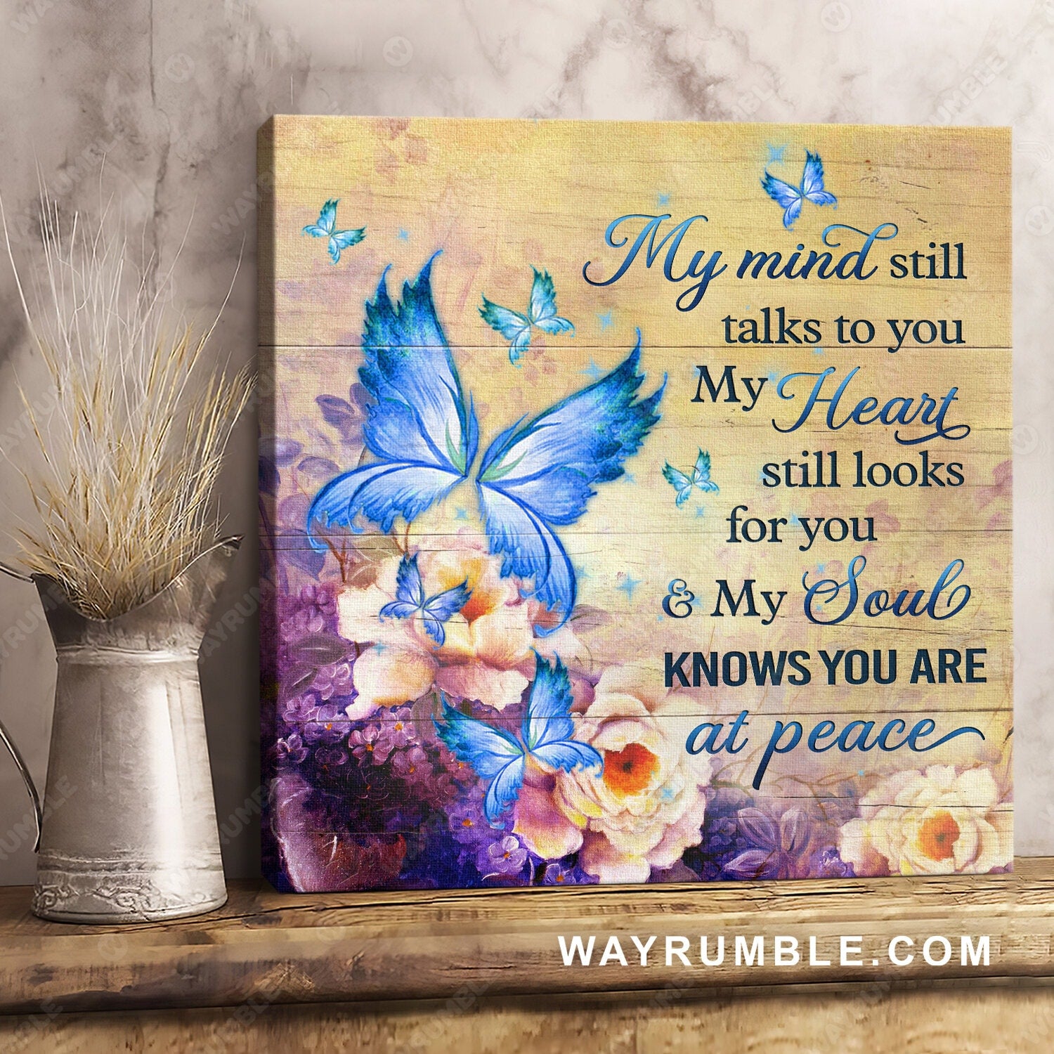 Blue butterfly, Purple flower garden, My mind still talks to you - Heaven Square Canvas Prints, Wall Art