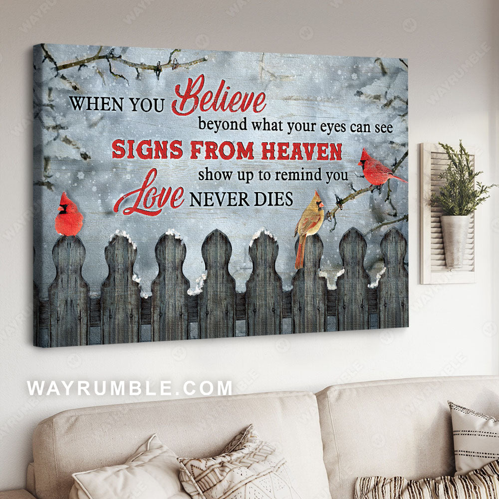 Dark night, Winter forest, Cardinal drawing, Signs from heaven remind you love never dies - Heaven Landscape Canvas Prints, Wall Art