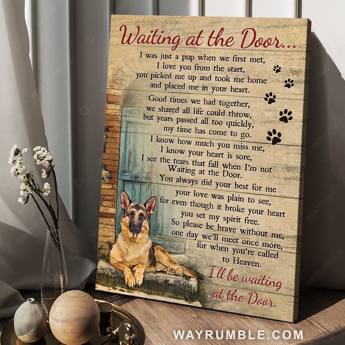 Watercolor German shepherd, Vintage door, Waiting at the door - Heaven Portrait Canvas Prints, Wall Art