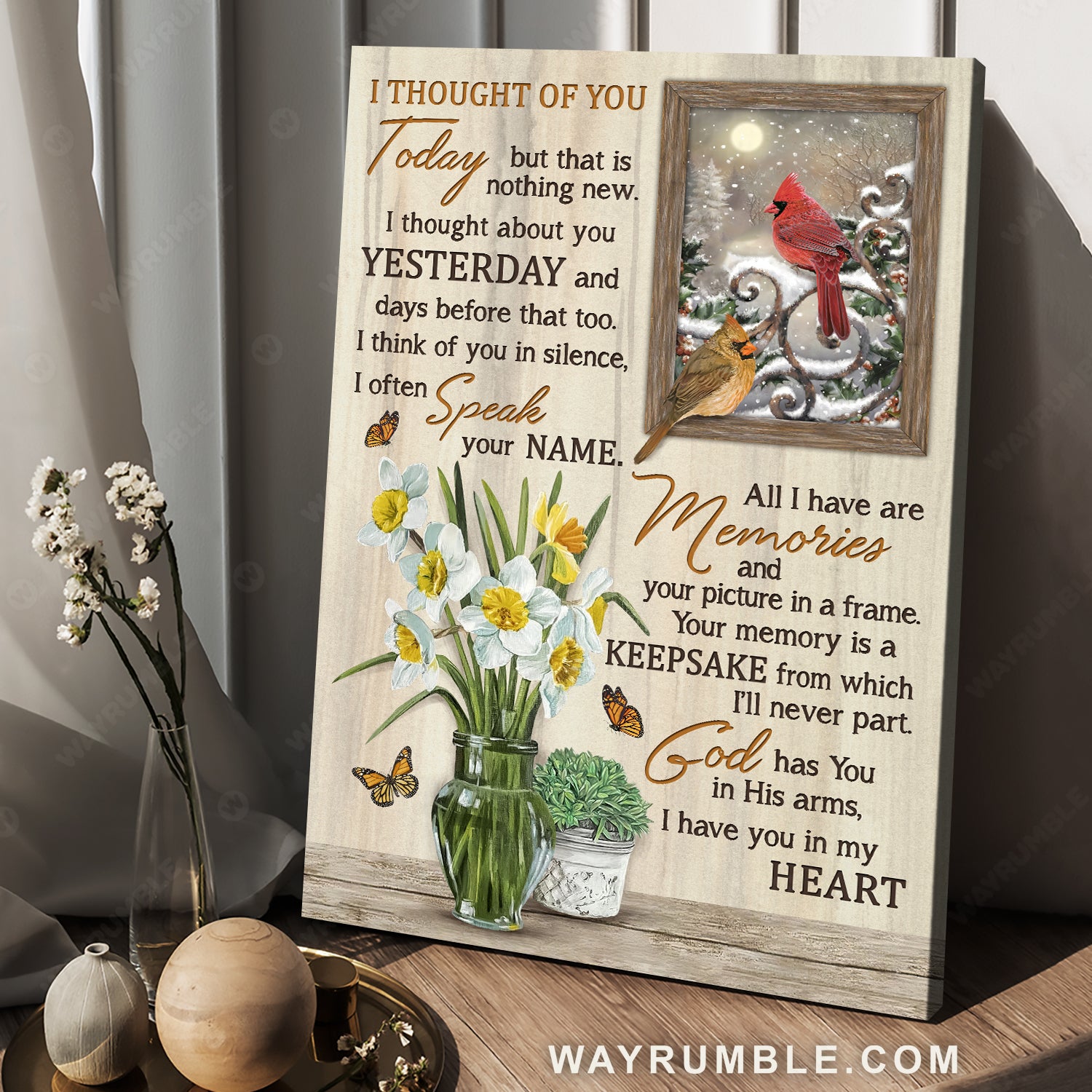 Daffodils flower, Colorful cardinal, Monarch butterfly, I thought of you - Heaven Portrait Canvas Prints, Home Decor Wall Art