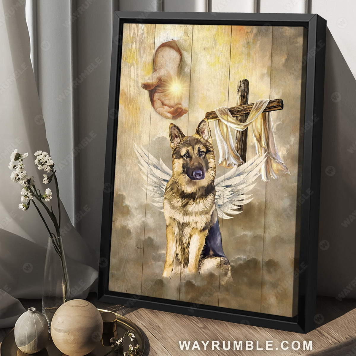 Walking with Jesus, German shepherd, Wooden cross, Angel wings - Heaven Portrait Canvas Prints, Wall Art