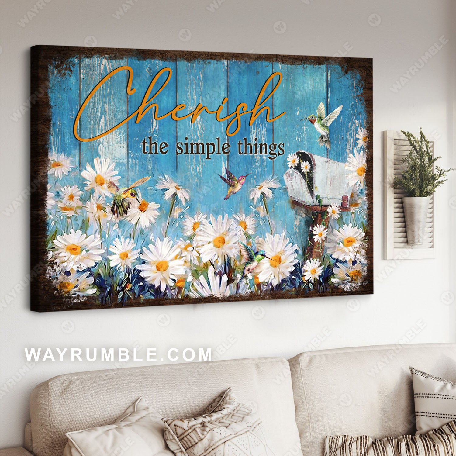 Daisy flower field, Hummingbird, Letter box, Cherish the simple things - Heaven Landscape Canvas Prints, Wall Art