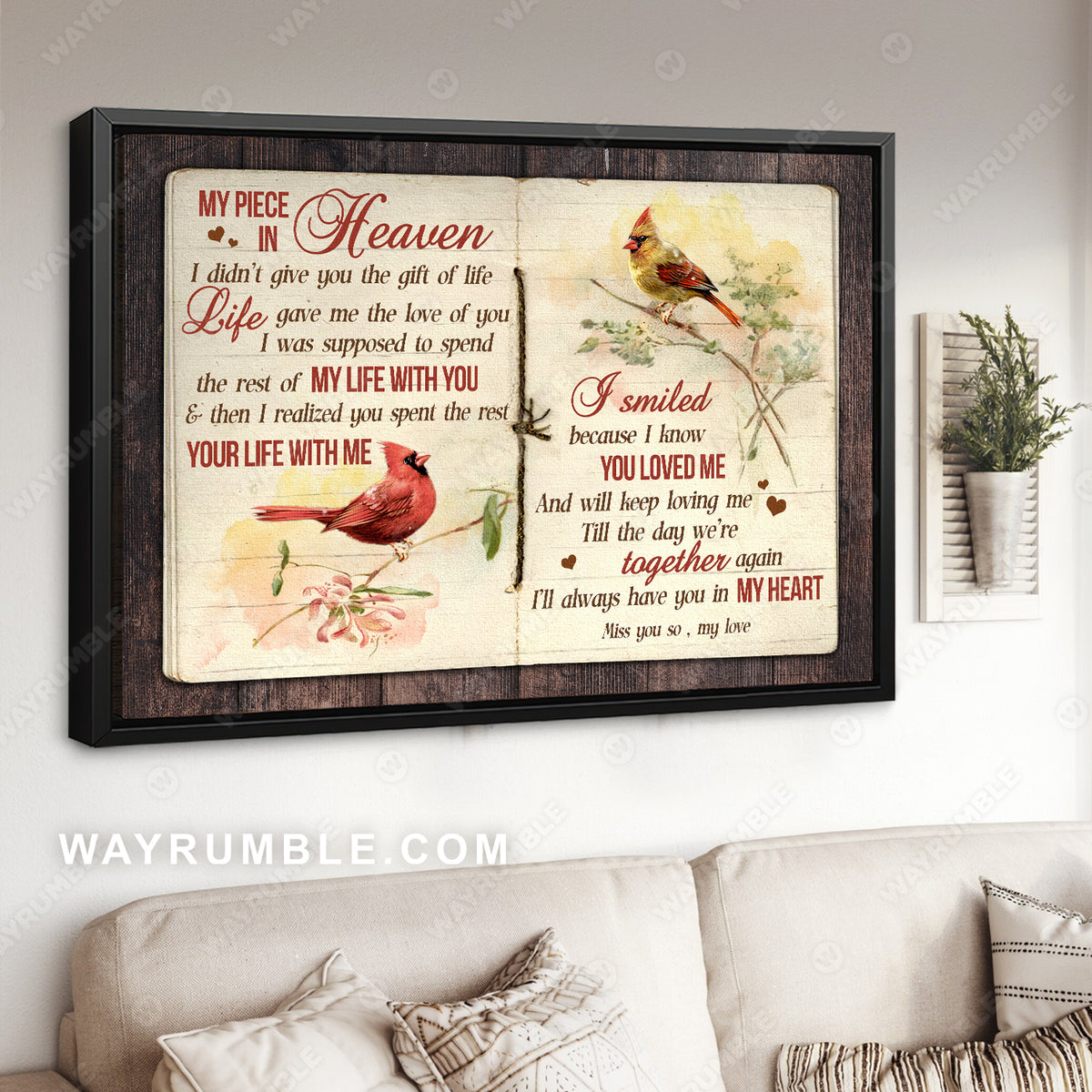 Cardinal couple, Vintage painting, The old notebook, I smiled because I know you loved me - Heaven Landscape Canvas Prints, Wall Art