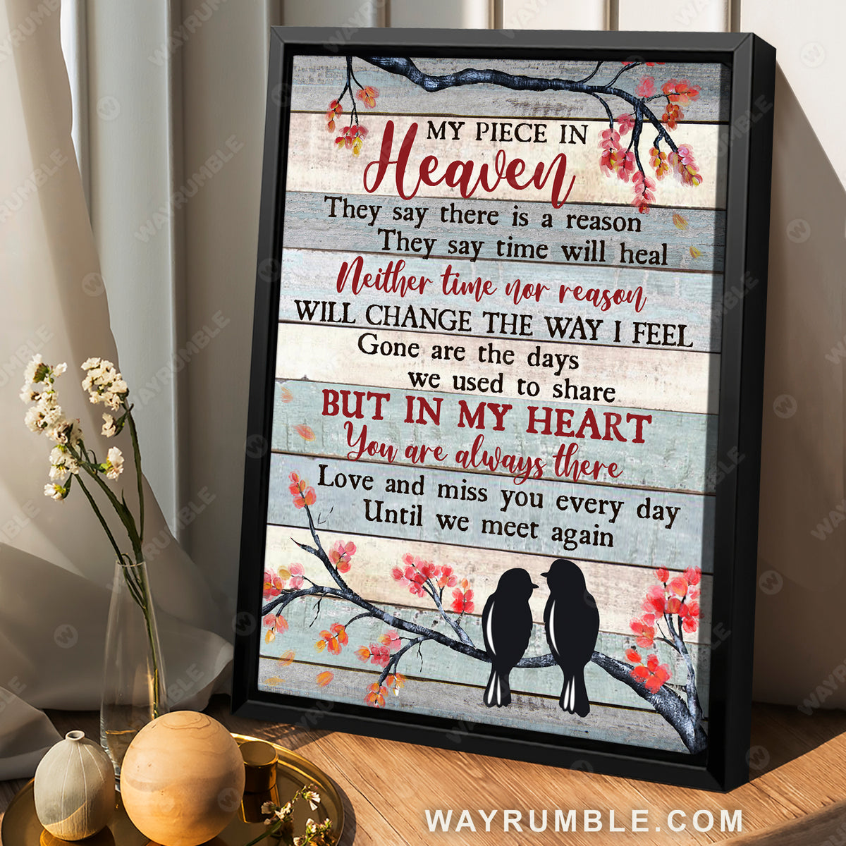 Tree branch, Northern cardinal, My piece in heaven, But in my heart you are always there - Heaven Portrait Canvas Prints, Wall Art