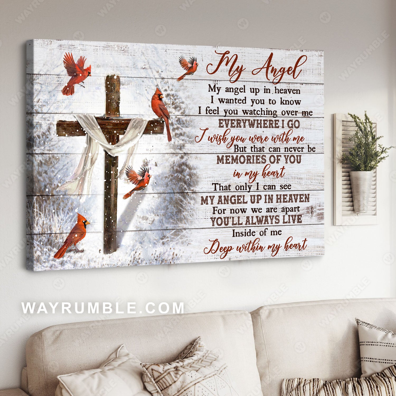 Northern cardinal, Cross symbol, Winter forest, My angel up in heaven - Heaven Landscape Canvas Prints, Wall Art