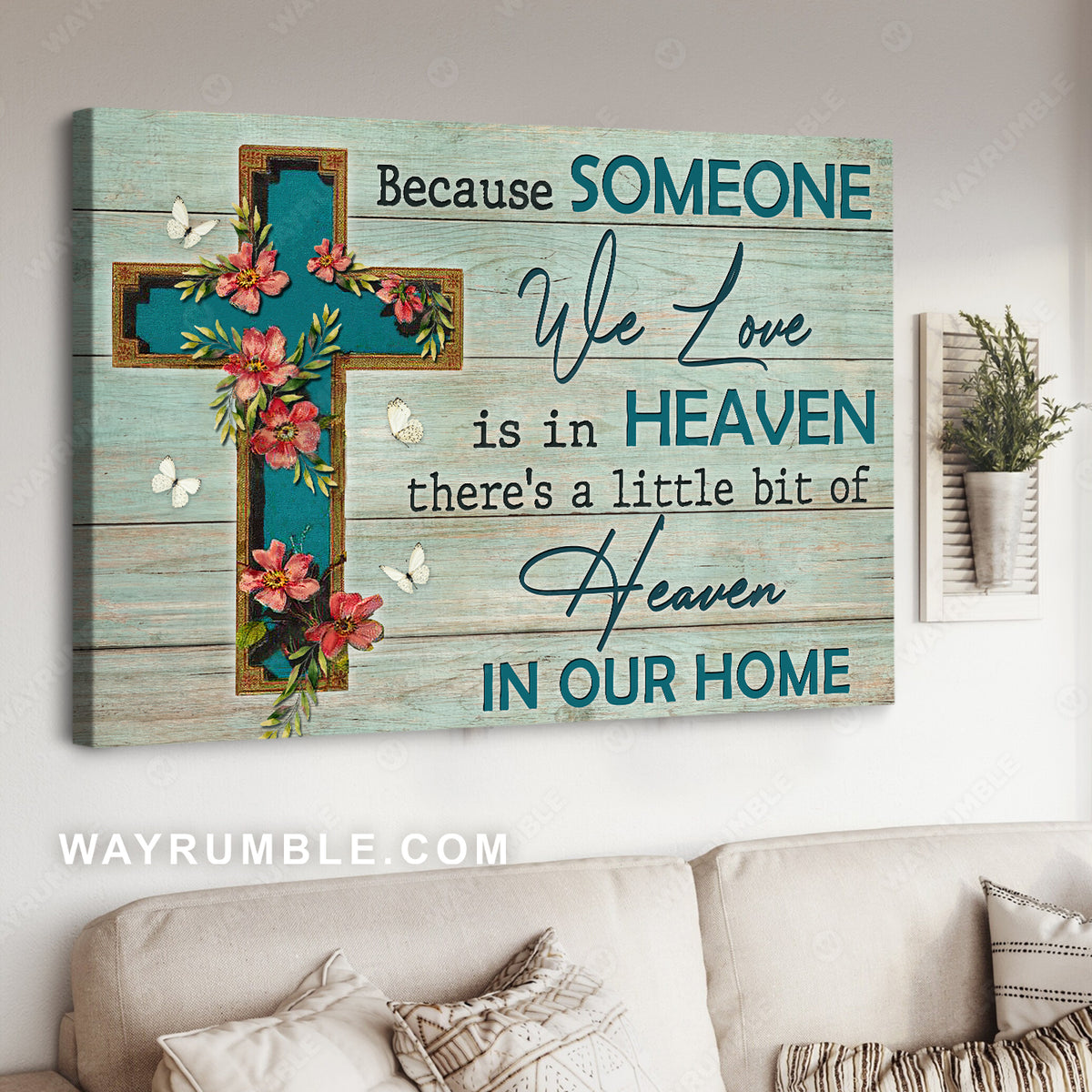 Pink flower, Pretty butterfly, Wooden cross, Because someone we love is in heaven - Heaven Landscape Canvas Prints, Wall Art