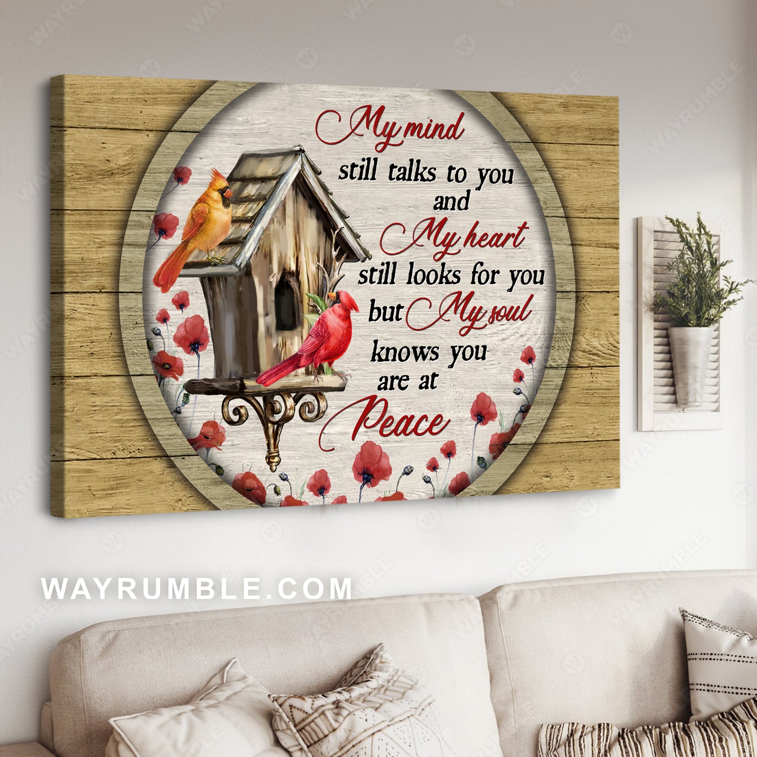 Circle frame, Wooden birdhouse, Cardinal, Poppy, My mind still talks to you - Heaven Landscape Canvas Prints, Wall Art