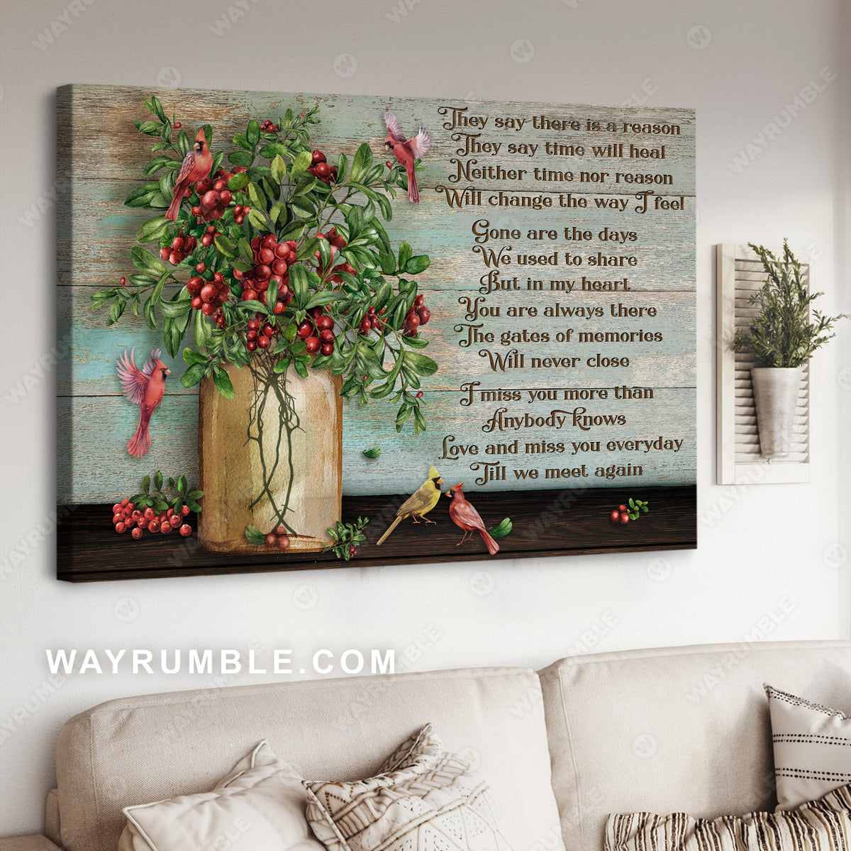Beautiful cranberry painting, Red cardinal, They say there is a reason - Heaven Landscape Canvas Prints, Wall Art