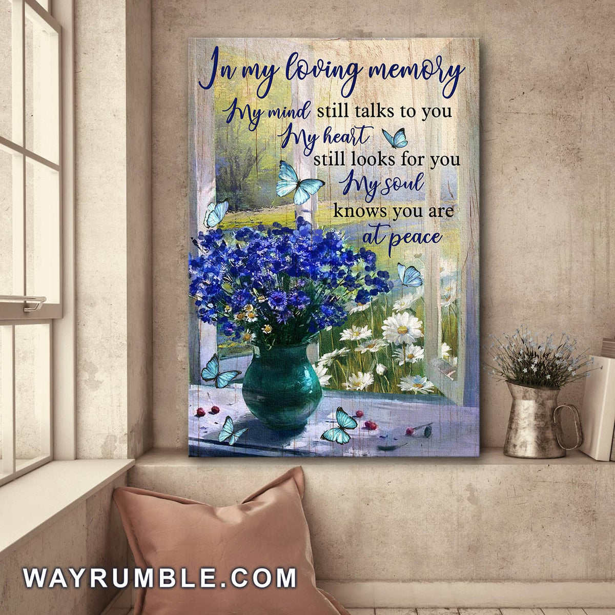 Blue flower vase by the window, My heart still looks for you My soul knows you are at peace - Heaven Portrait Canvas Prints, Wall Art