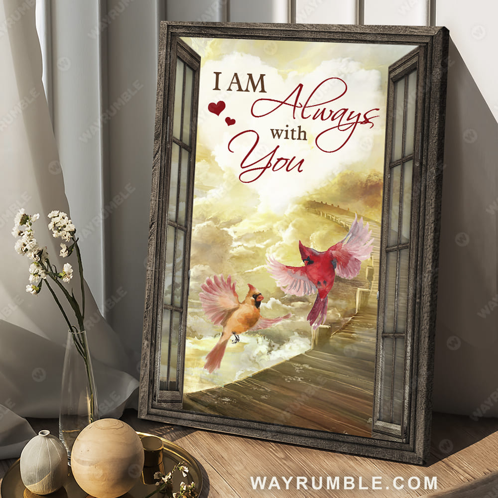 Cardinal drawing, Wooden bridge, Beautiful sunset, White heart, I am always with you - Heaven Portrait Canvas Prints, Wall Art