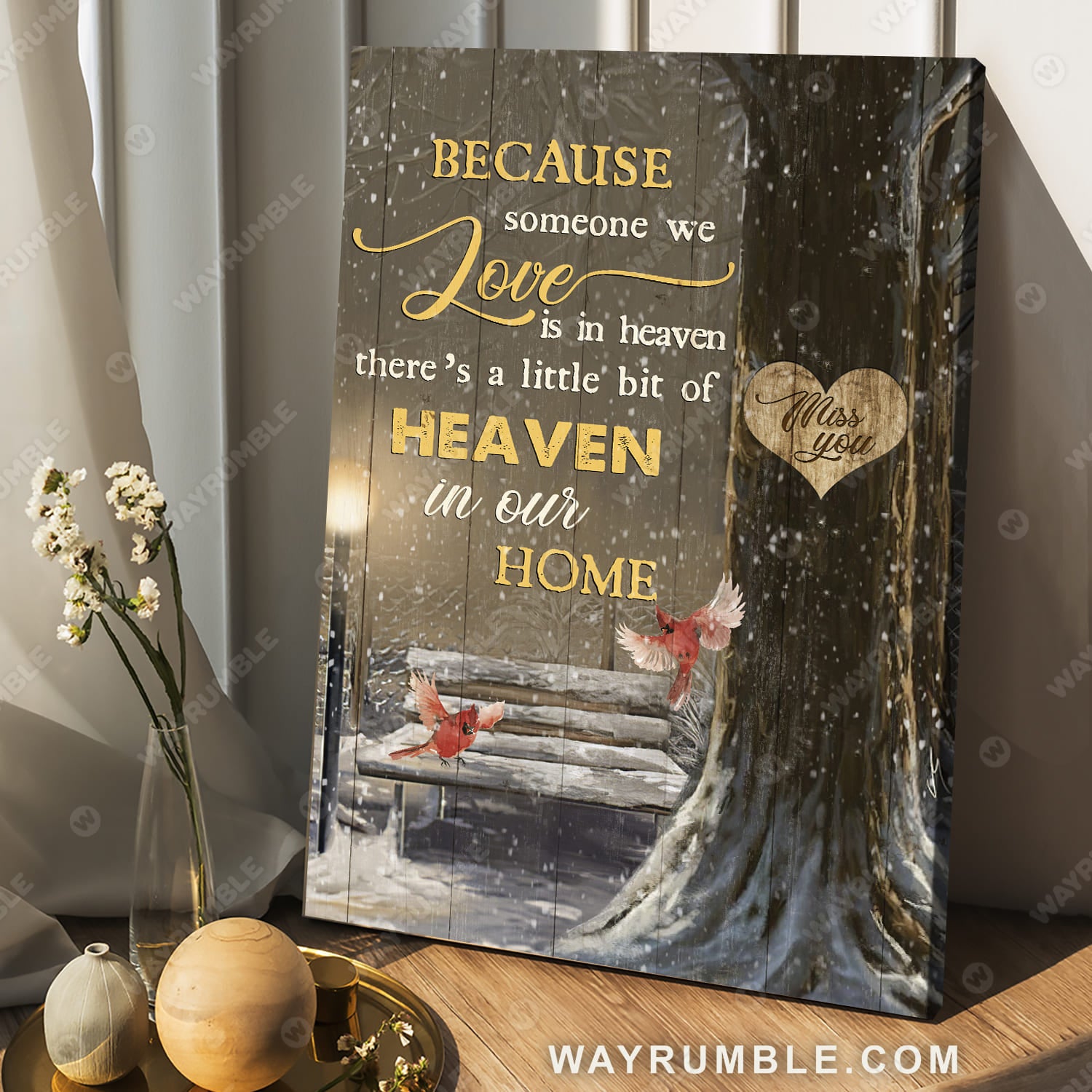 Wooden chair, Snow park, Red cardinal, There's a little bit of heaven in our home - Heaven Portrait Canvas Prints, Wall Art