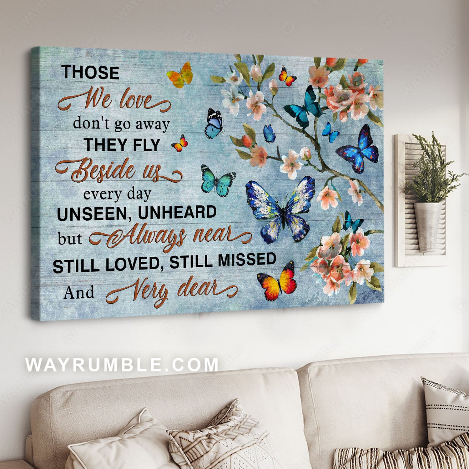 Peach flower, Colorful butterfly, Blue background, Those we love don't go away - Heaven Landscape Canvas Prints, Wall Art