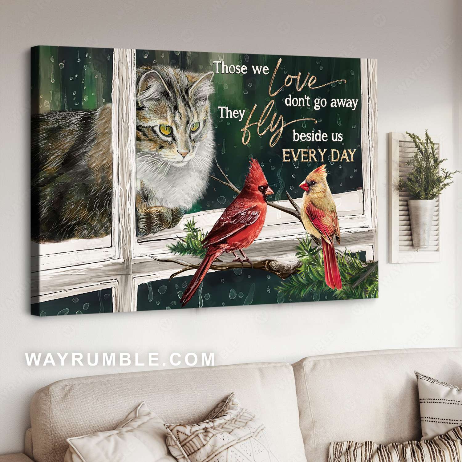 Cat looking out window, Cardinals painting, Those we love don't go away - Heaven Landscape Canvas Prints, Wall Art
