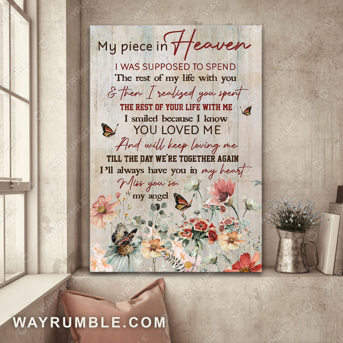 Pastel flower field, Beautiful butterfly, I'll always have you in my heart - Heaven Portrait Canvas Prints, Wall Art