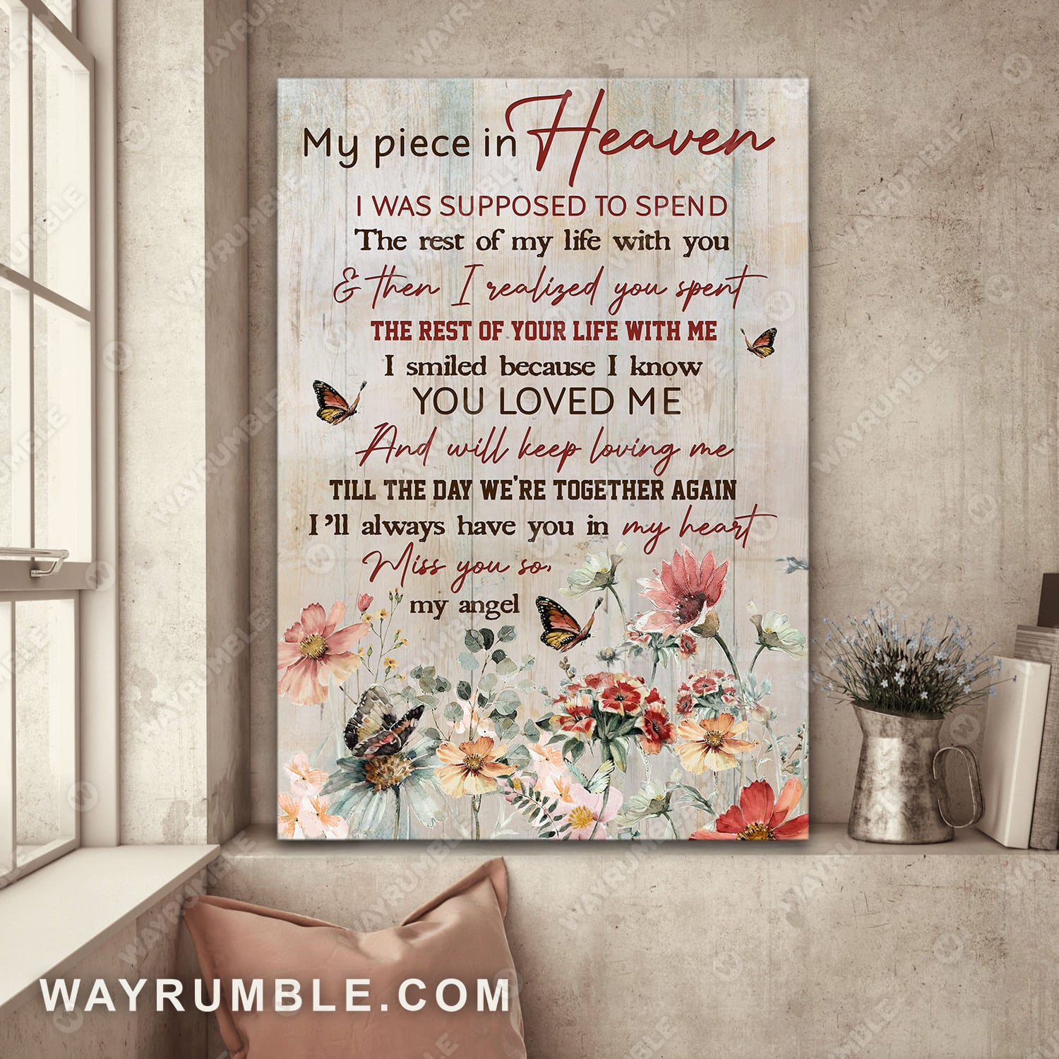 Pastel flower field, Beautiful butterfly, I'll always have you in my heart - Heaven Portrait Canvas Prints, Wall Art
